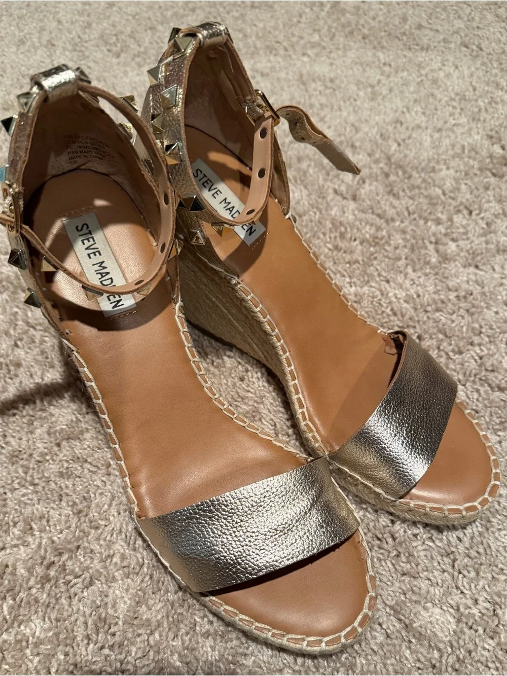 Steve Madden Metallic Gold Espadrille Wedge Sandals with Studded Ankle Straps